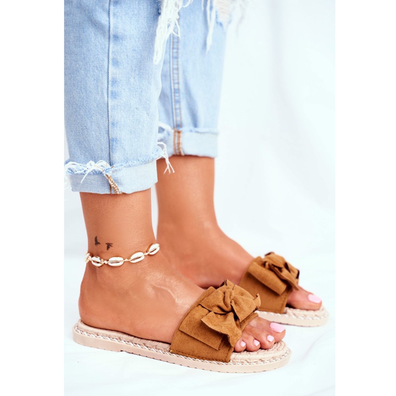 FRJ Ženske papuče s mašnom i kamenom srećom smeđa 2