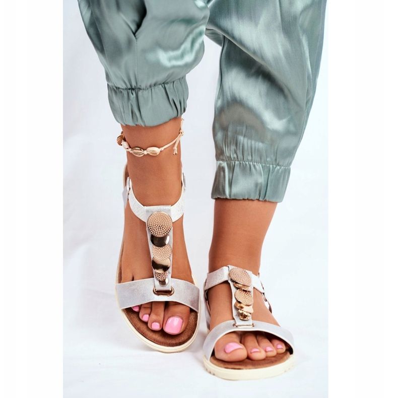 EVE Ženske ravne srebrne sandale s ukrasima Milton siva 2