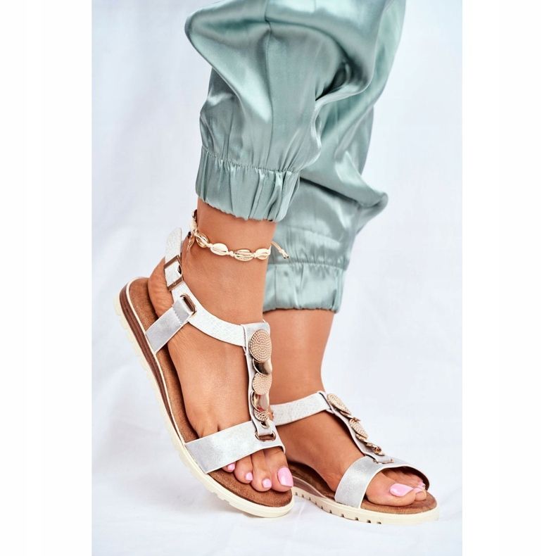 EVE Ženske ravne srebrne sandale s ukrasima Milton siva 1