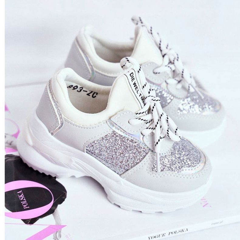 FRROCK Dječje sportske cipele s brokatnim srebrom Matylda bijela siva 1