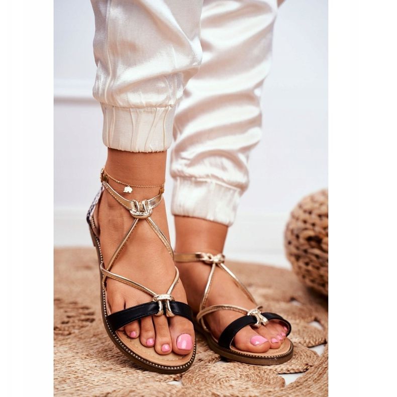 S.Barski Ženske sandale ravne crne i zlatne Barski Samim crno žuta boja 1