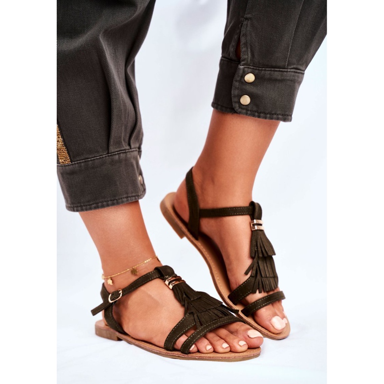 FJ1 Ženske sandale Ravna antilop Boho Olive Lucami raznobojna zelena 1