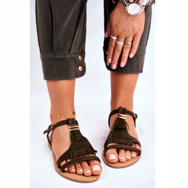 FJ1 Ženske sandale Ravna antilop Boho Olive Lucami višebojan zelena 2