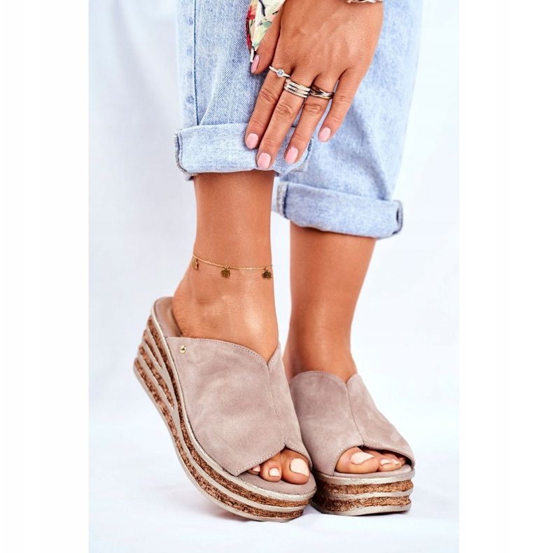 Ženske kožne papuče na klin Nicole 2559 limunada bež 1