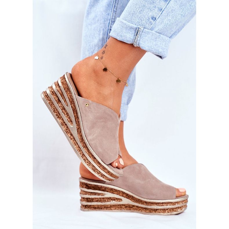 Ženske kožne papuče na klin Nicole 2559 limunada bež 2