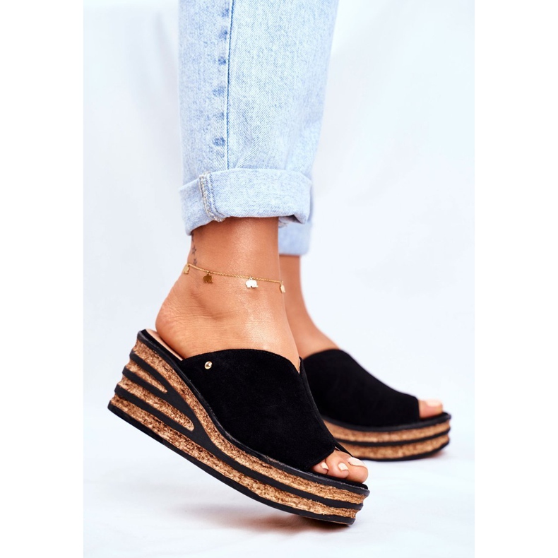 Ženske kožne papuče na klin Nicole 2559 Crna limunada 1