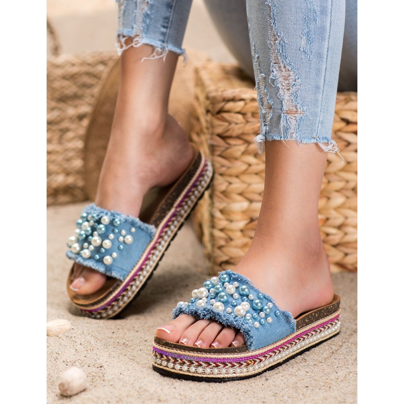 Small Swan Papuče na platformi s biserima plava 2