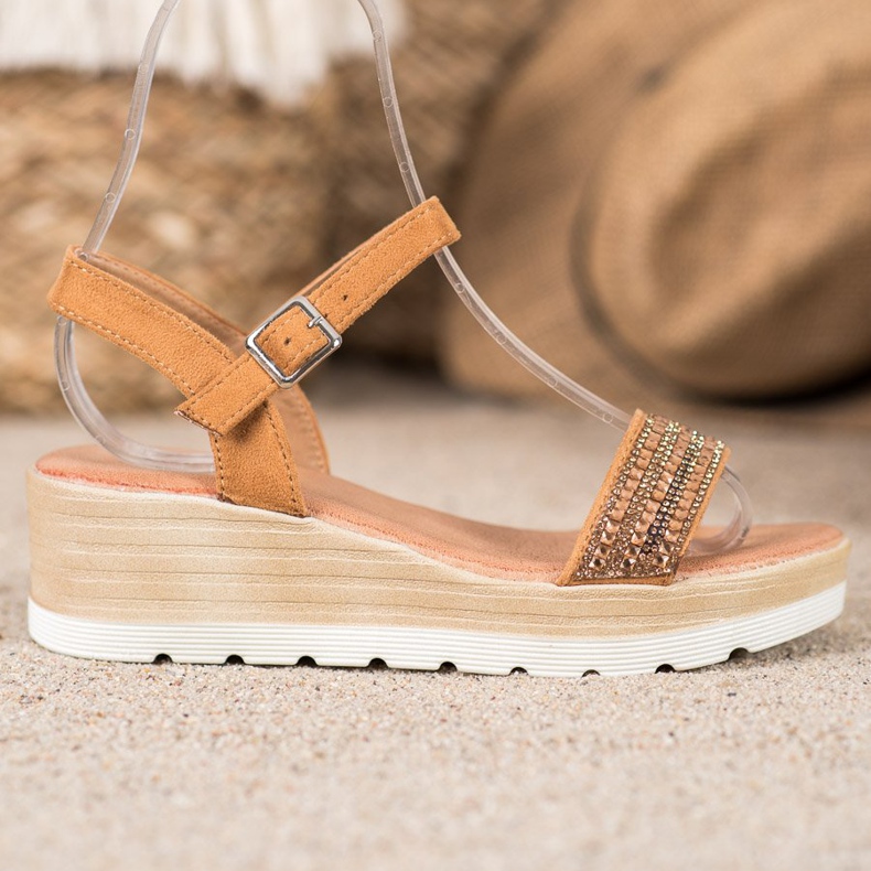 Renda Sandale na klin s kristalima smeđa 1