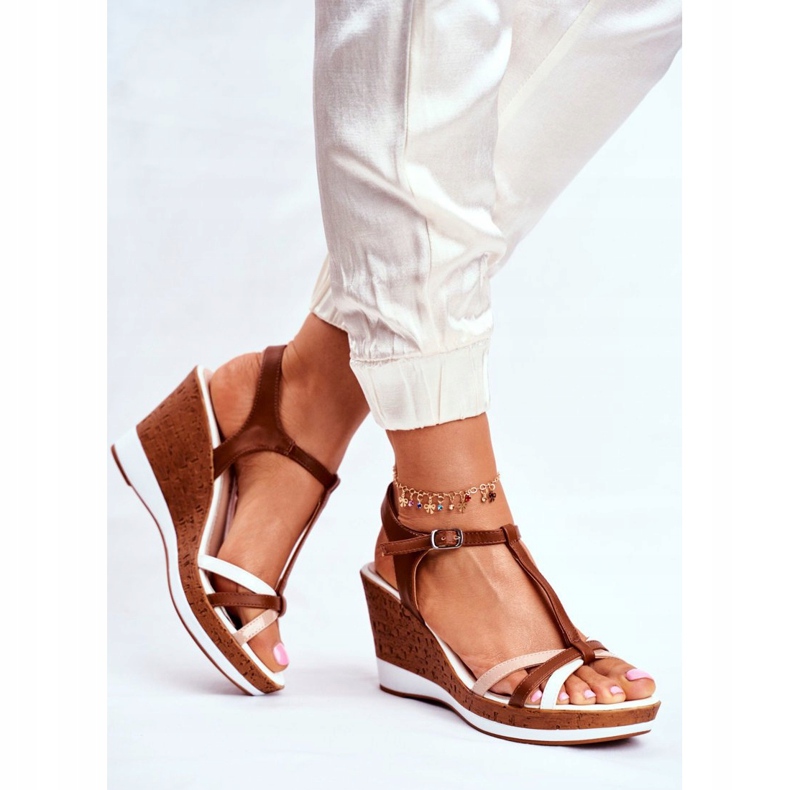 Ženske sandale na klin Sergio Leone Brown SK308 bijela smeđa 2