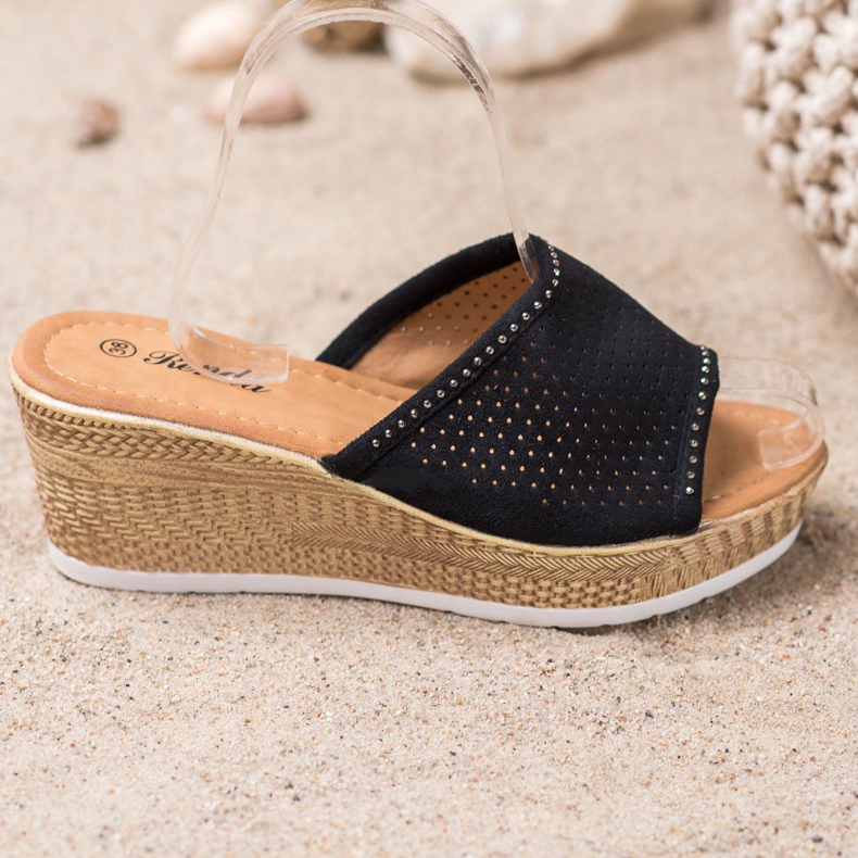 Renda Ažurne papuče na klin crna 2