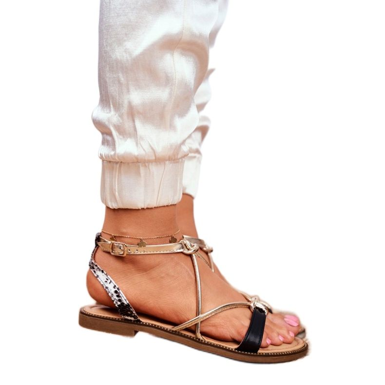 S.Barski Ženske sandale ravne crne i zlatne Barski Samim crno žuta boja 2