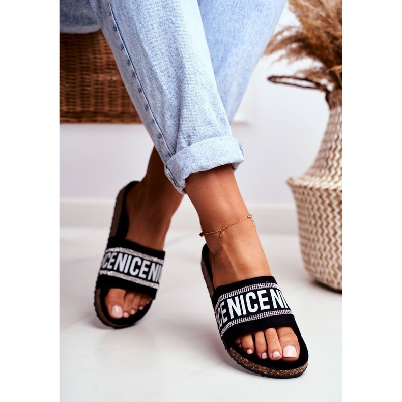 EVE Ženske crne papuče na plutu s BeNice kamenčićima crno 1