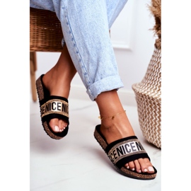 EVE Ženske crne papuče na plutu BeNice Gold Rhinestones crno žuta boja 2