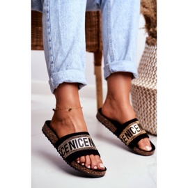 EVE Ženske crne papuče na plutu BeNice Gold Rhinestones crna žuta boja 1