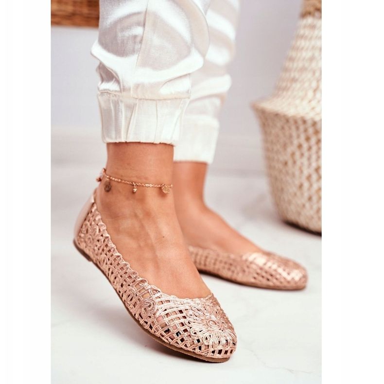 Lu Boo ženske balerinke ružičasto zlatno ažur pletene nošenje ružičasta 1