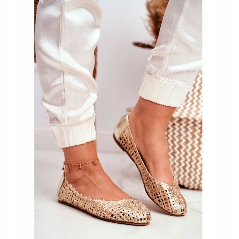 Ženske balerinke Lu Boo zlatne ažur pletene zlatni 1