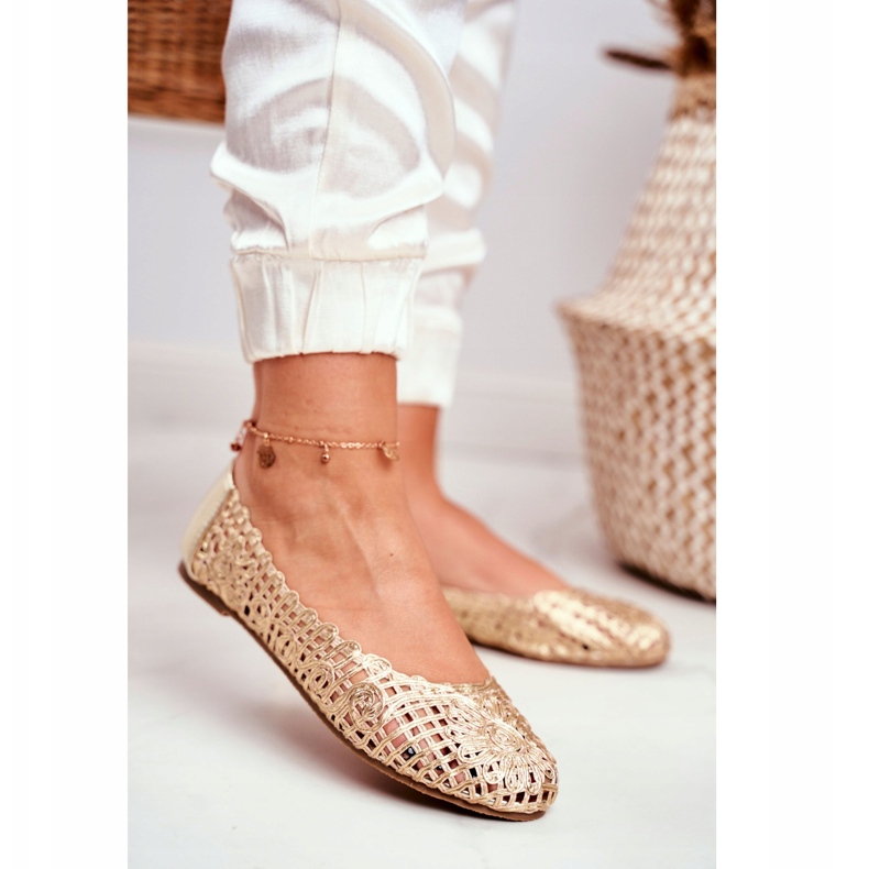 Ženske balerinke Lu Boo zlatne ažur pletene zlatna 2