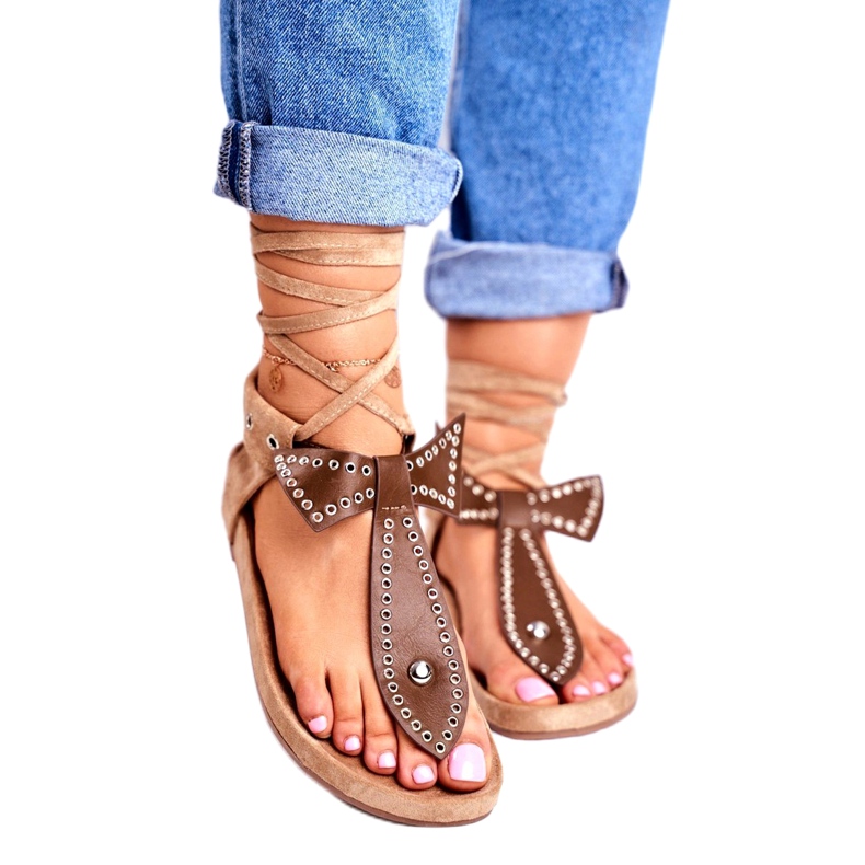 Lu Boo ženske smeđe vezane sandale Japanska Mara smeđa 1