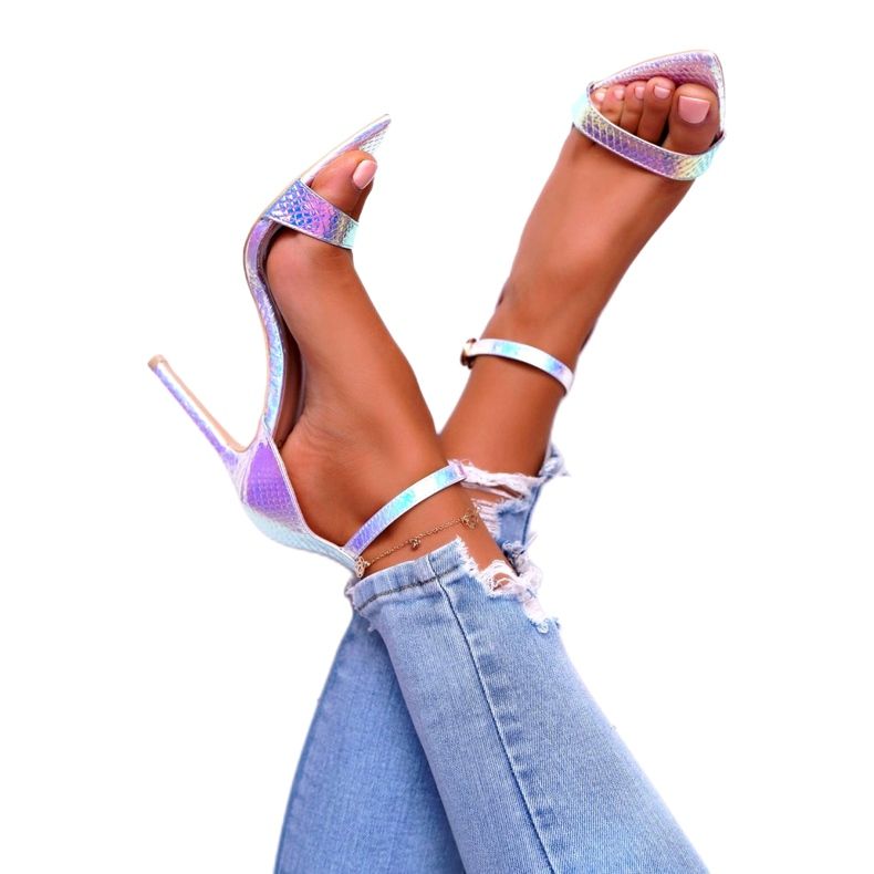 Ženske sandale na visoku petu Lu Boo Opalescent Debbi bijela ružičasta srebro 3