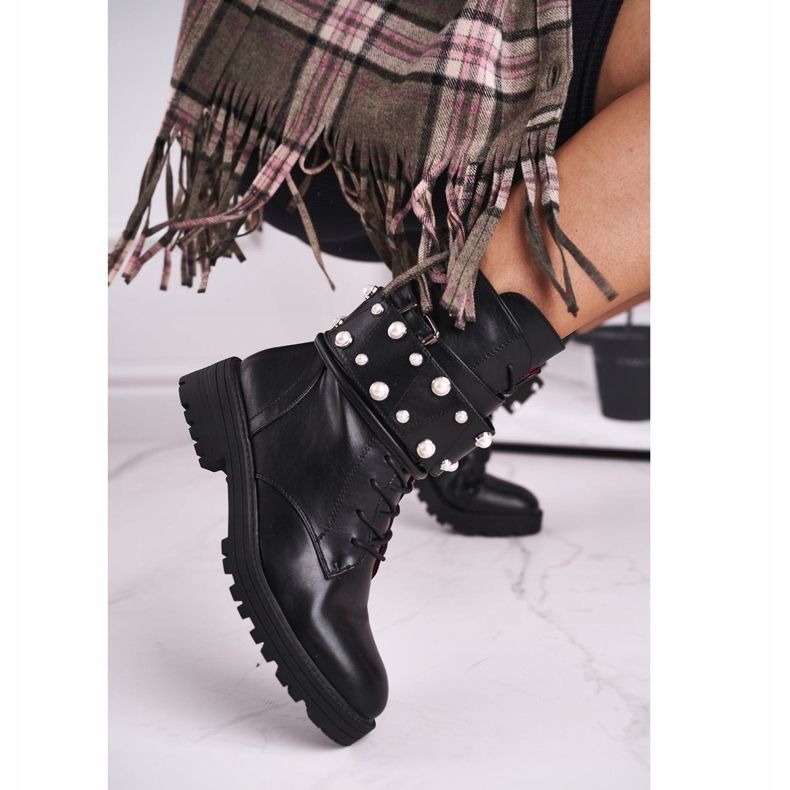 FE1 Ženske ravne visoke čizme crne s biserima Mishigan crna 1