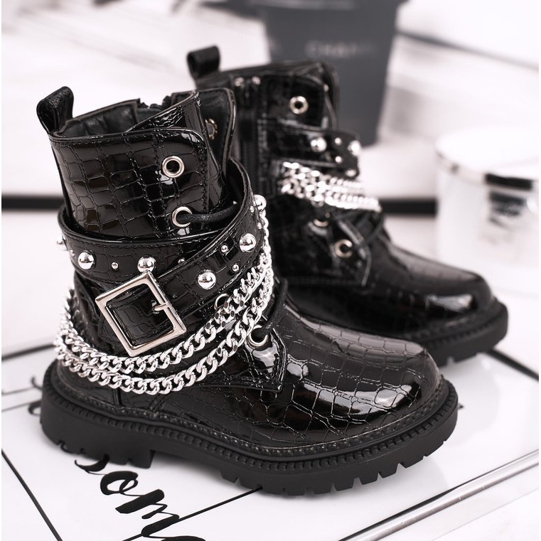 FRROCK Dječje čizme zagrijane krznom, lakirana crna lutka 1