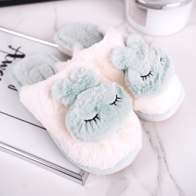 Ženske krznene papuče svijetlozeleni zec ružičasta zelena 1