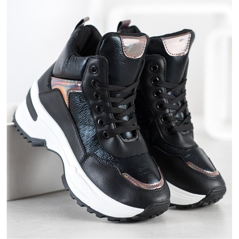 Ideal Shoes Visoke tenisice od eko kože crna ružičasta 1