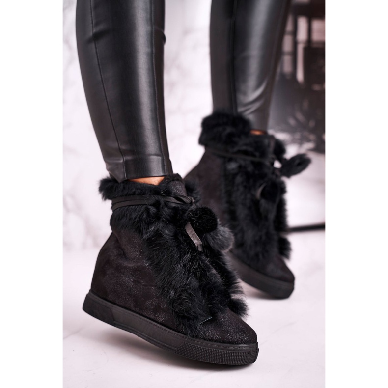 Ženske crne tenisice na klin s krznom prilično crne crno srebro 1