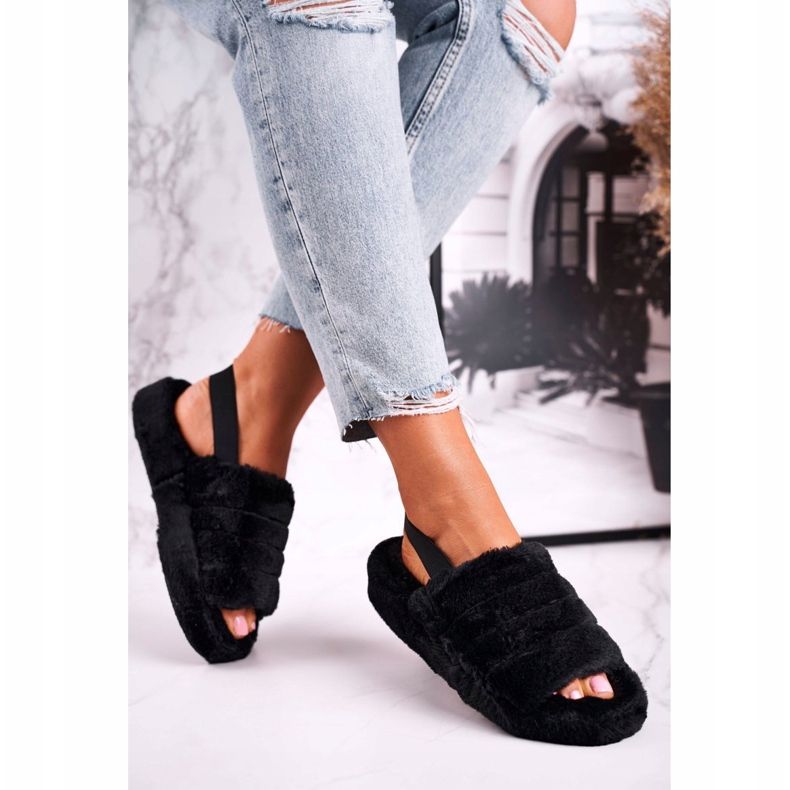 FJ1 Ženske papuče na krznenoj platformi Crna pahuljica crno 2