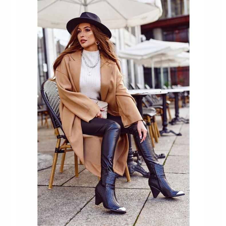 FG1 Ženske čizme Tisak s visokim čeličnim prstima vječno crne boje crno 2