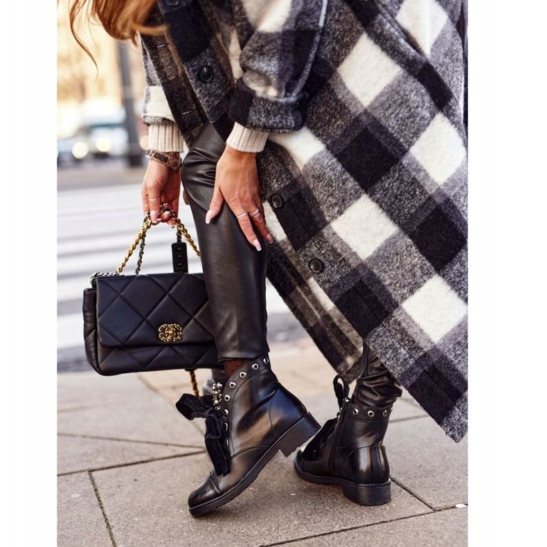 MSMG Ženske čizme s metalnim biserima tople Perla vrpce crno 2