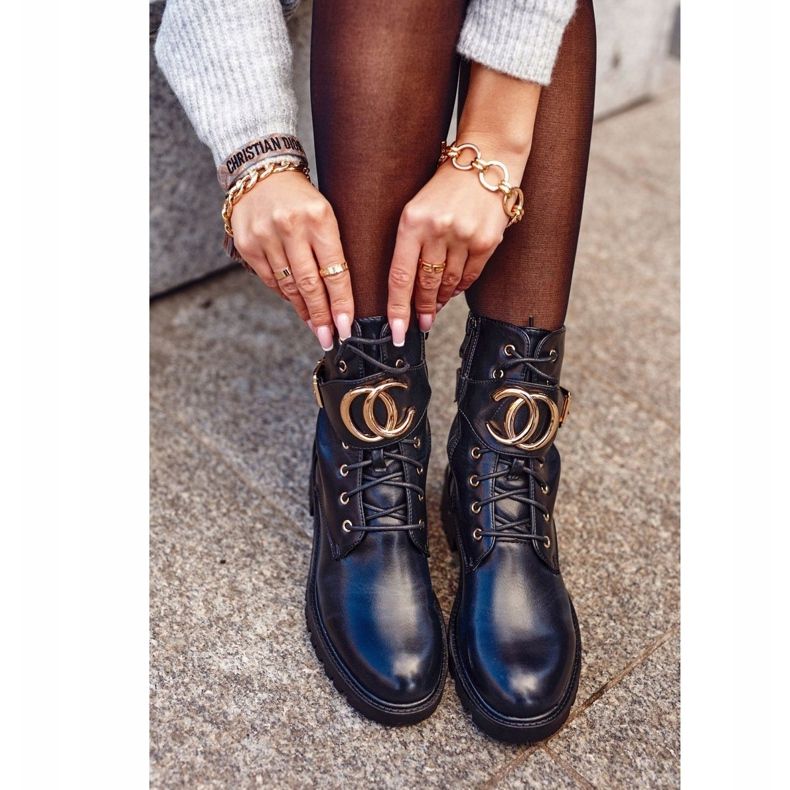 PS1 Ženske čizme Radnice na vezanje crno zlato crna 1