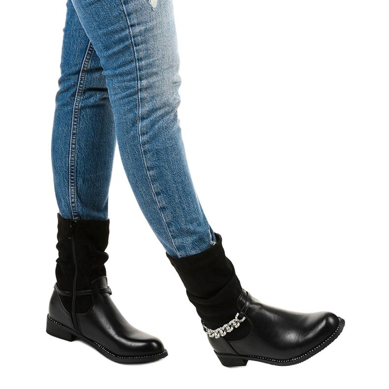 Crne, ravne, izolirane čizme s patentnim zatvaračem Petgella crna srebro 1