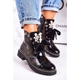 PS1 Ženske tople čizme s biserima, mlaznicama i vrpcom, lakirana Perla crno 1