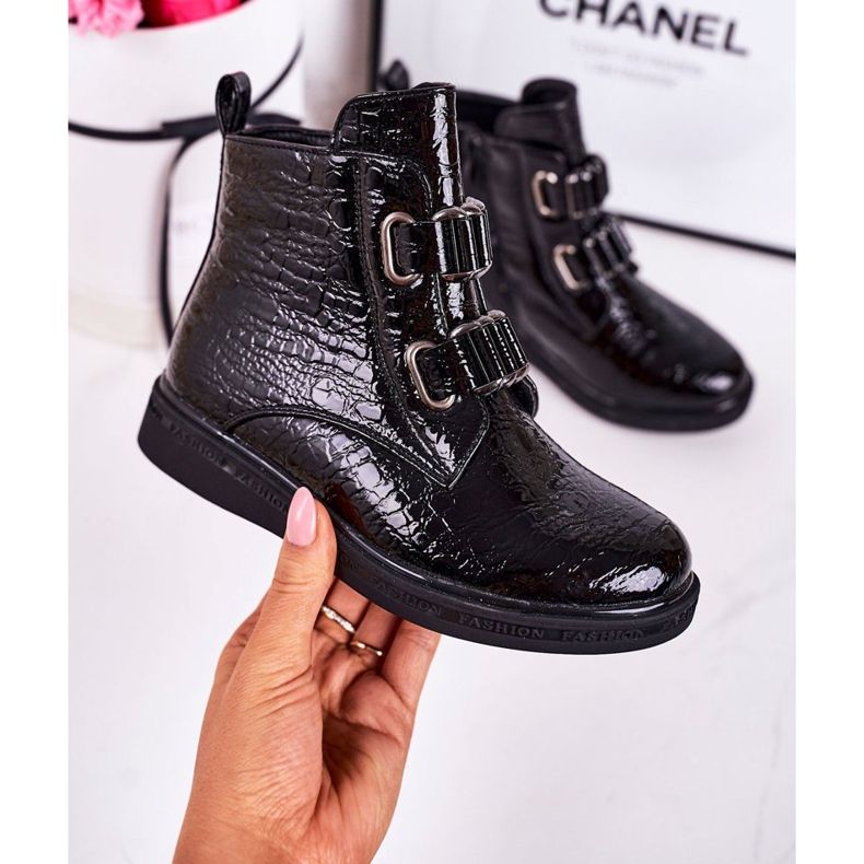 PL1 Dječje tople čizme lakirane crne uzorke životinja Maya crno 2