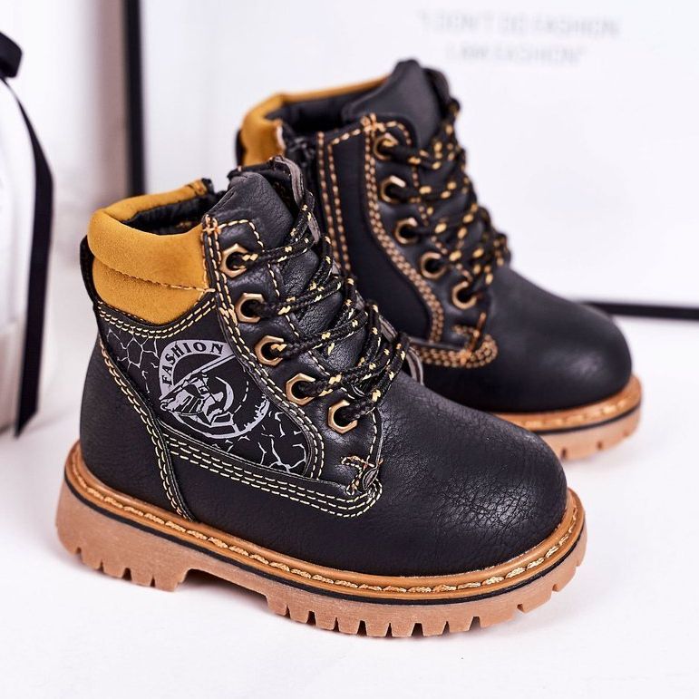 PL1 Dječje tople čizme Trappers na crnom Bobby gumenom potplatu crna narančasta 1