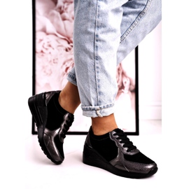 S.Barski Ženske kožne tenisice na klin Black Roxette crna višebojan srebro 2