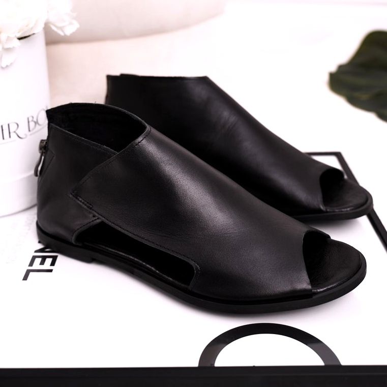 Nicole Ženske ravne kožne sandale Crna Natalie 1