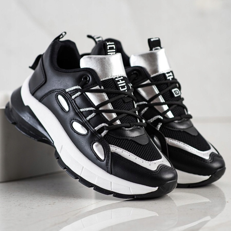 SHELOVET Elegantne tenisice od eko kože crno srebro 1