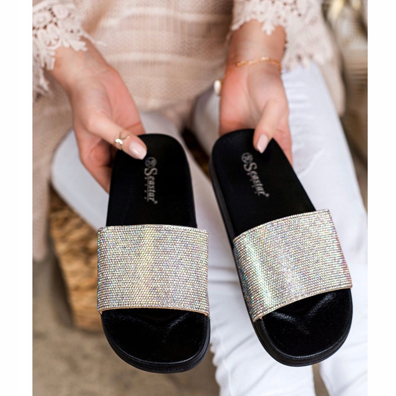 Seastar Papuče s kristalima crna srebro 1