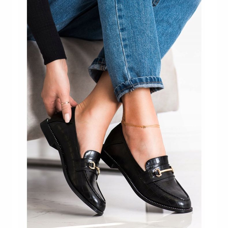 SHELOVET Elegantne mokasine s kubnim cirkonijem crno 1