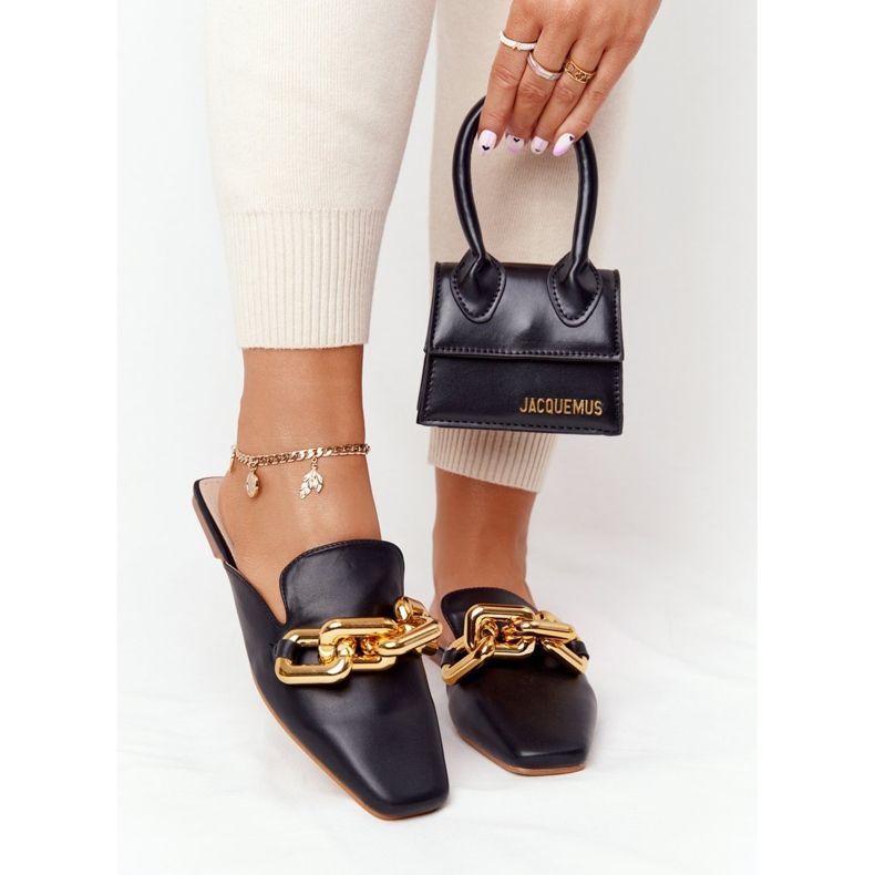 PS1 Crne papuče Call On Me s gornjim dijelovima i lancem crno zlatna 1