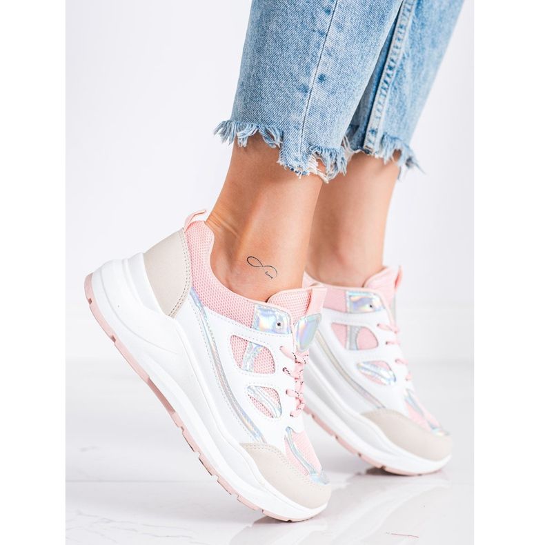 SHELOVET Elegantne tenisice bež bijela ružičasta srebro 1