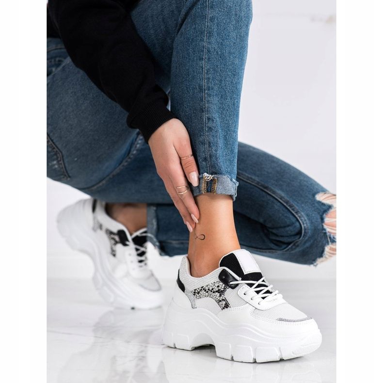 SHELOVET Elegantne tenisice sa sjajem bijela crno srebro 2