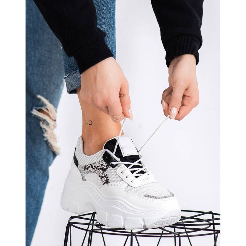 SHELOVET Elegantne tenisice sa sjajem bijela crna srebro 1