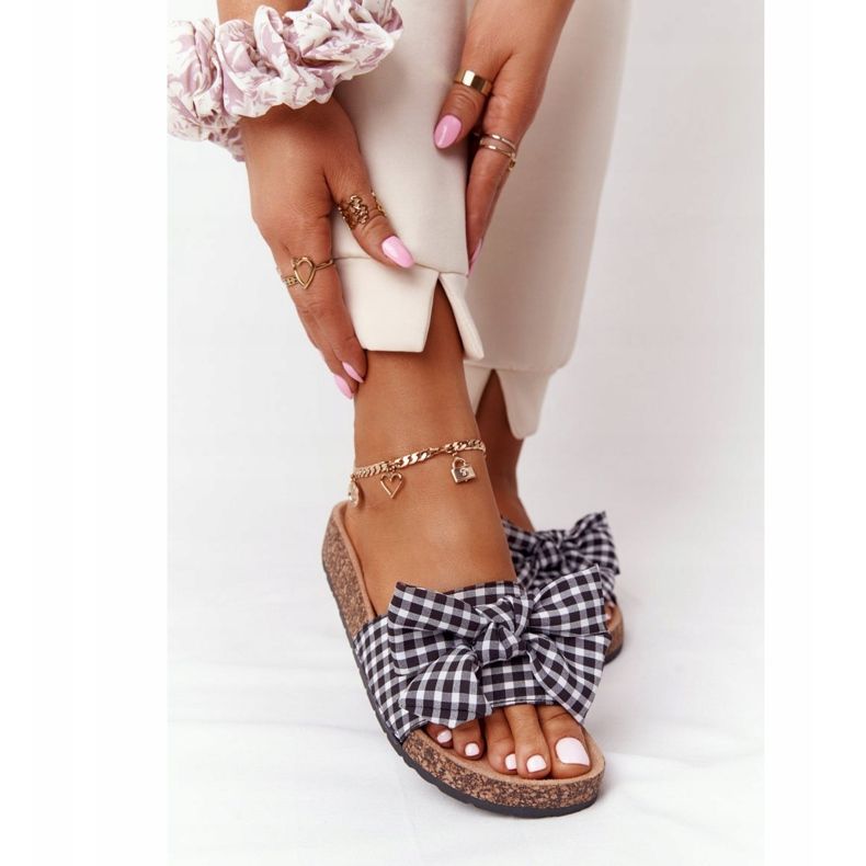 MSMG Papuče na potplatu od pluta s Amara kariranom mašnom bijela crna 1