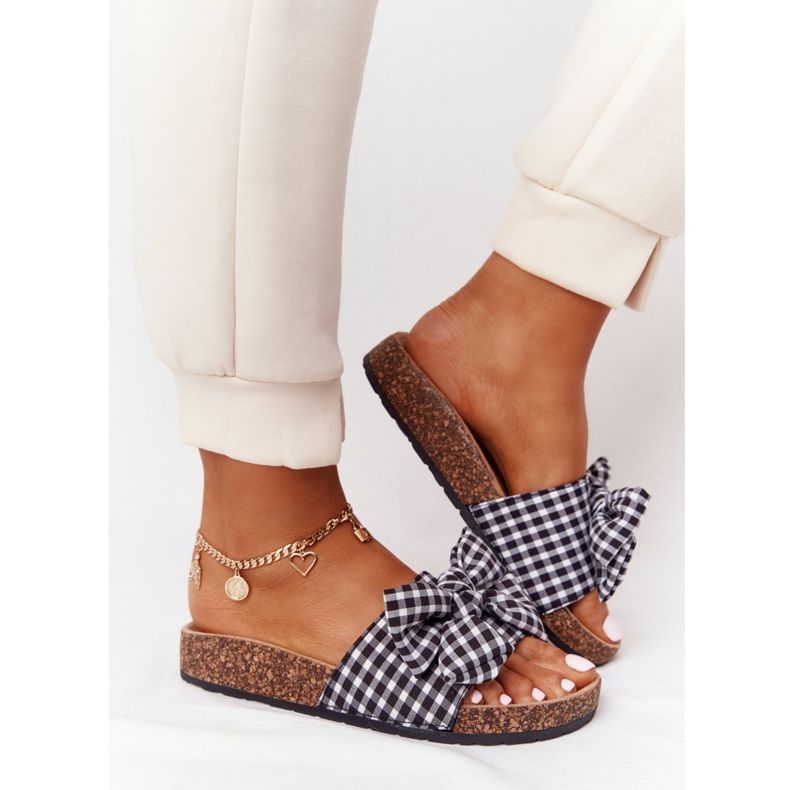 MSMG Papuče na potplatu od pluta s Amara kariranom mašnom bijela crno 2