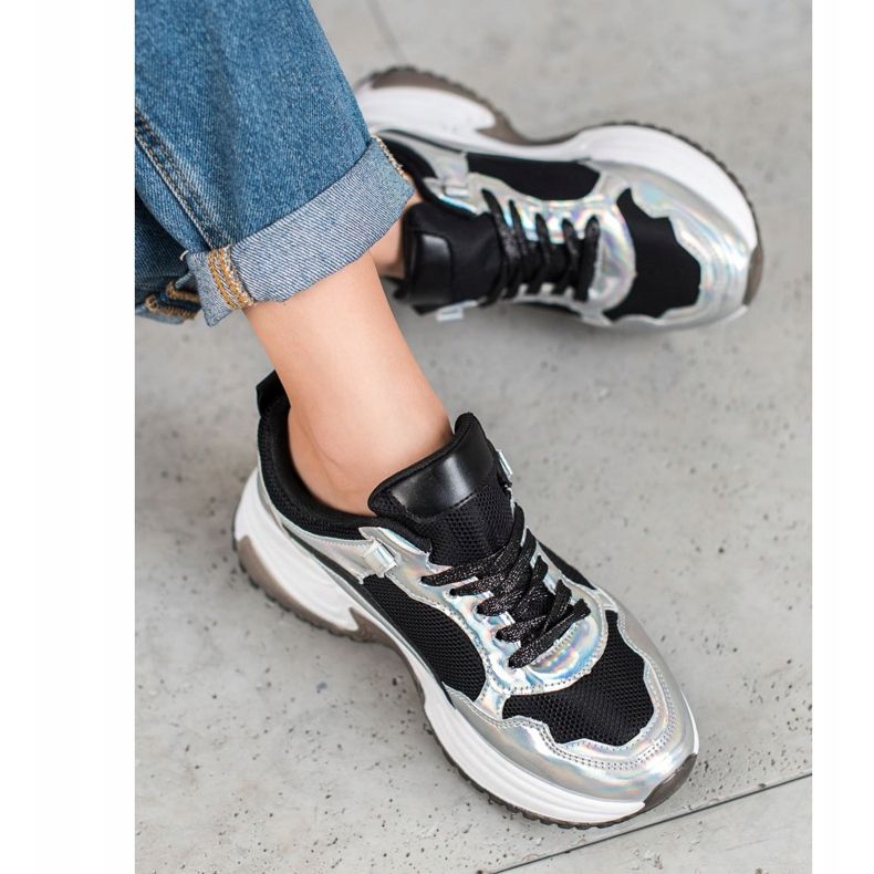 SHELOVET Modne tenisice s Holo efektom crna srebro 1