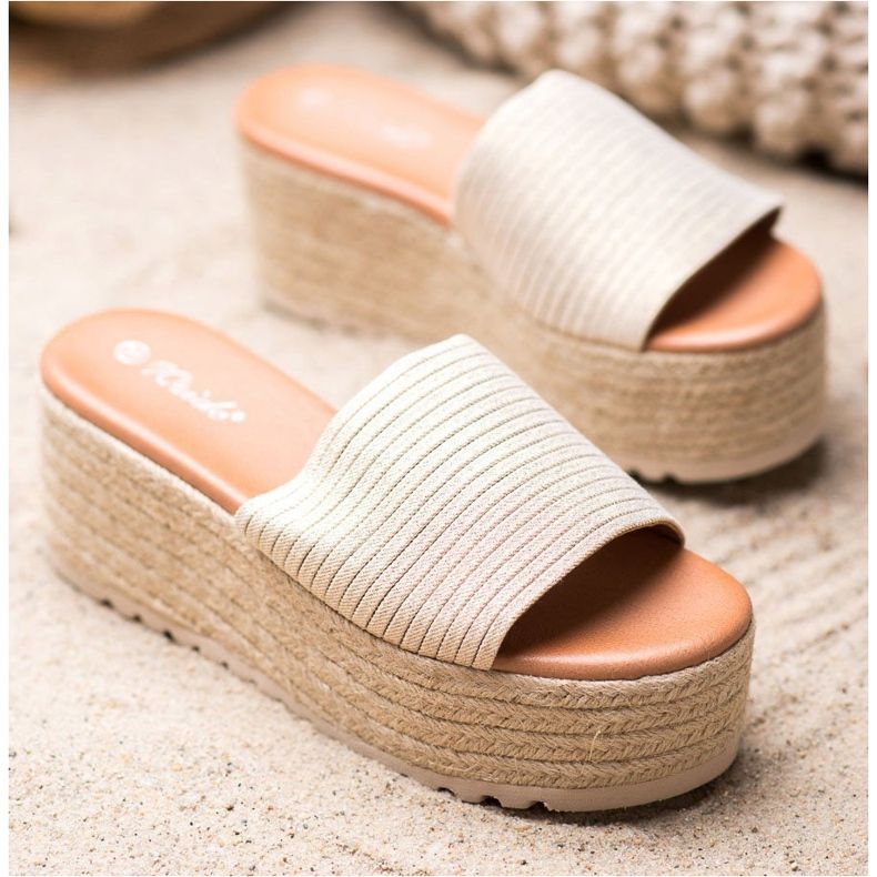 Weide Papuče na platformi od slame zlatni 1