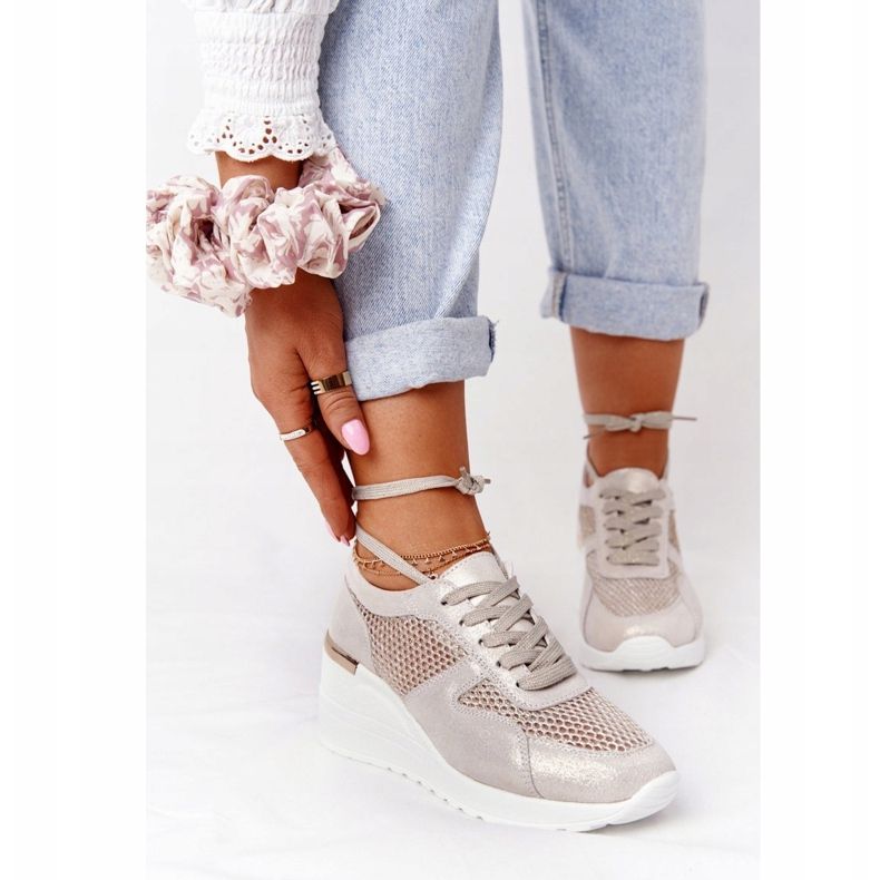 Kožne tenisice na klin s mrežom S.Barski zlatne zlatna 2